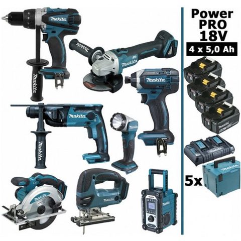 Makita France Pack Makita Power PRO 8 outils 18V: DDF458 DHR202 DGA504 DTD152 DJV180 DSS610 DMR108 DEADML802 4 batt 5Ah 5 C