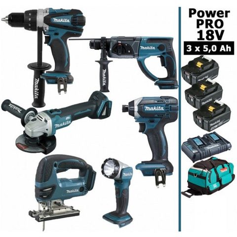 Makita France Pack Makita Power PRO 6 outils 18V: DDF458 + DHR202 + DGA504 + DTD152 + DJV180 + Lampe + 3 batt 5Ah + sac