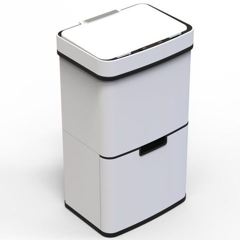 Kitchen Move Poubelle de cuisine automatique 75L NARVIK – Double compartiment tri sélectif + Poubelle de table 3L – Blanc