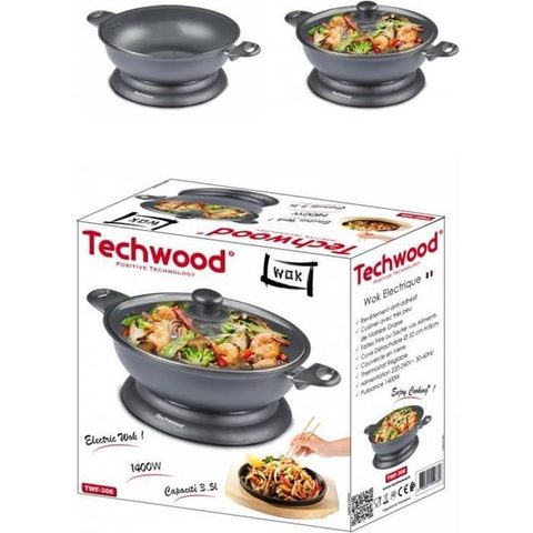 Techwood Wok électrique Noir 1500W Revêtement antiadhésif Contenance 3.6 L Noir