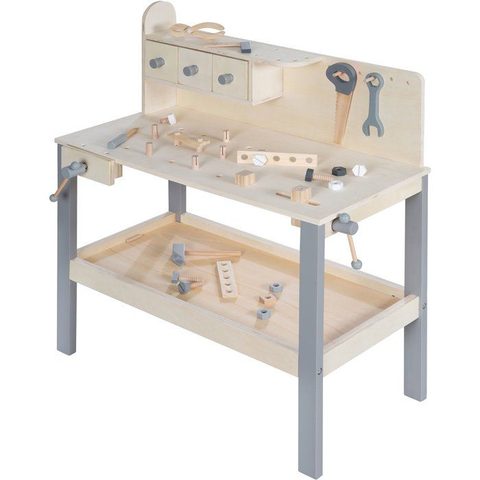 Roba Grand établi en bois pour enfant - Avec Kit doutils - Grand plan de travail - Étagère