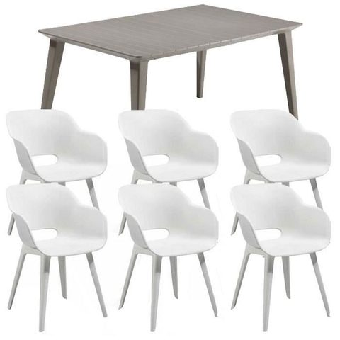 ALLIBERT JARDIN Table LIMA 160x100cm - Capuccinno + 3 lots de 2 fauteuils AKOLA Blanc - Résine