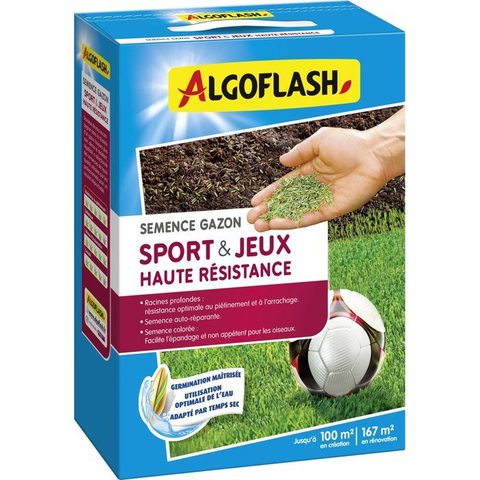 Algoflash Semences gazon Sports & jeux - Haute résistance - 2 5 kg - Jusquà 100 m² création / jusquà 167 m² rénovation