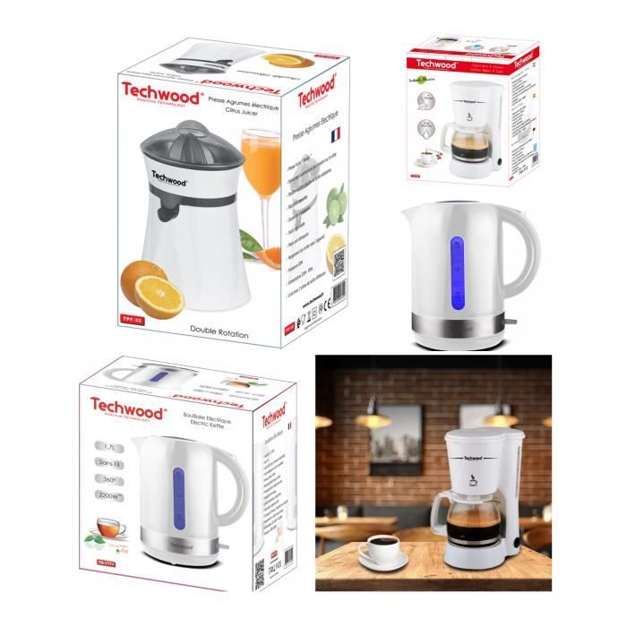 Techwood PACK DEJEUNER Cafetière Machine à café Blanche 6 tasses 650W + Presse fruit Blanc + Bouilloire 1L7 LED bleue 2200W