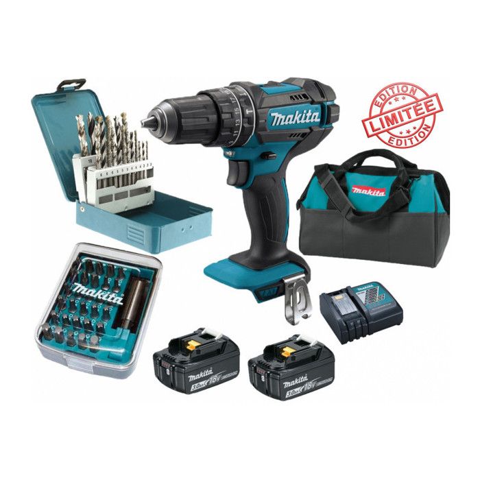 Makita Pack Perceuse visseuse percussion 18V 62Nm DHP482 + 2 batt 3 Ah + 30 embouts de vissage + 18 forets + sac