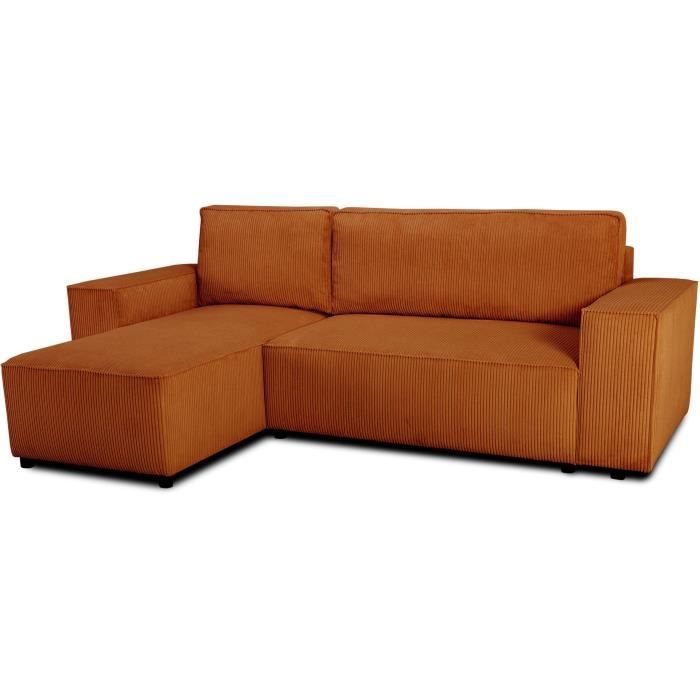 M24 Canapé d'angle convertible réversible - 4 places - JOSH - Tissu velours cotelé - Terracotta - C - 242 x 155 x 86 cm