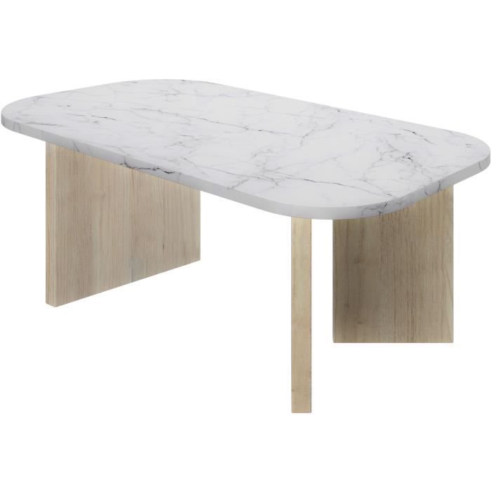 Calicosy Table basse DIAGONE QUARTZ ovale blanc effet marbre pieds chene 105 x 58 x 39 cm
