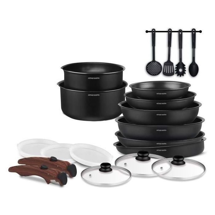 Arthur Martin Batterie de cuisine - Tous feux dont induction - AM0530 - Aluminium - Anti-adhésif - 20 pieces - Poignée amovi