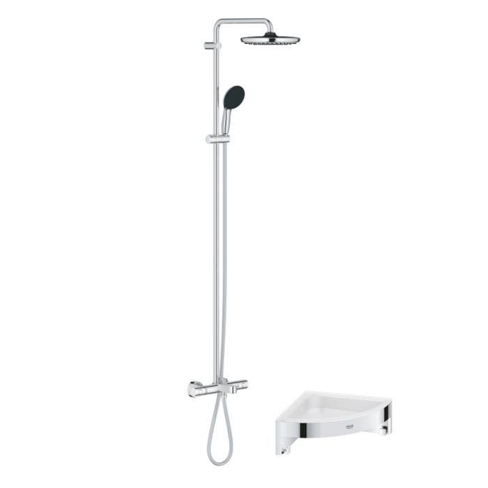 Grohe Colonne bain douche thermostatique Vitalio Start System chromé + Tablette de douche d'angle Start Cube