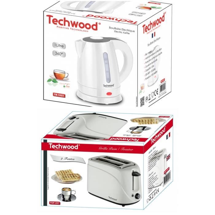 Techwood Pack dejeuner - Bouilloire électrique Blanche 1L 1600W + Grille-pain Blanc 2 Fentes 700W