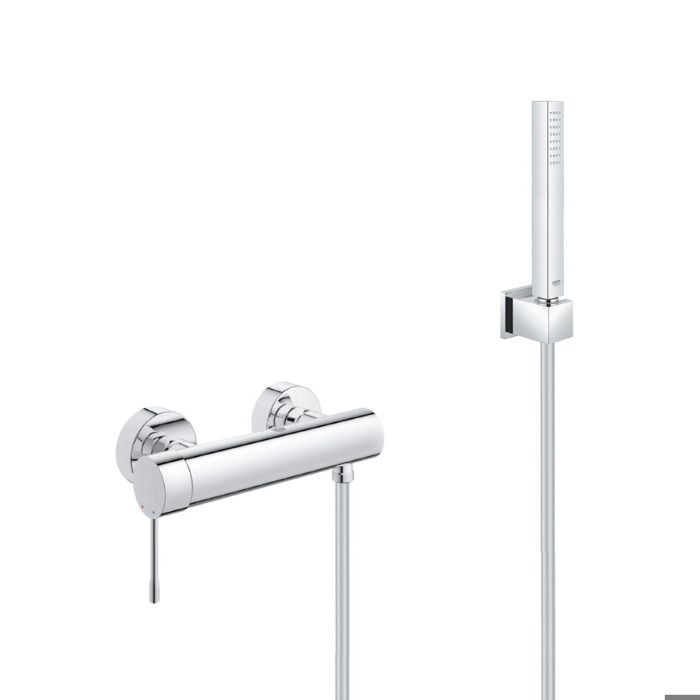 Grohe Set de douche Mitigeur de douche Essence + Douchette Stick 1 jet, support mural, flexible, Chrome (33636001-CUBESTICK)