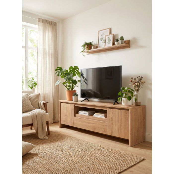 Calicosy Meuble TV 2 portes, 1 tiroir et 1 niche effet bois L163 cm - SOREN
