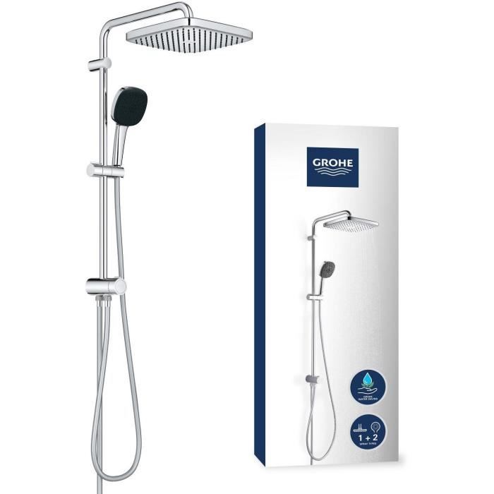 Grohe Colonne de douche sans robinetterie avec douchette + pommeau + flexible + barre, chrome carré, Vitalio Start 250