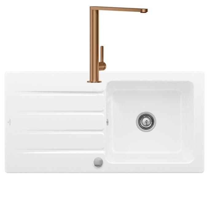 Villeroy & Boch Evier 1 bac VILLEROY ET BOCH Architectura 60 vidage auto + Robinet de cuisine Finera Marron