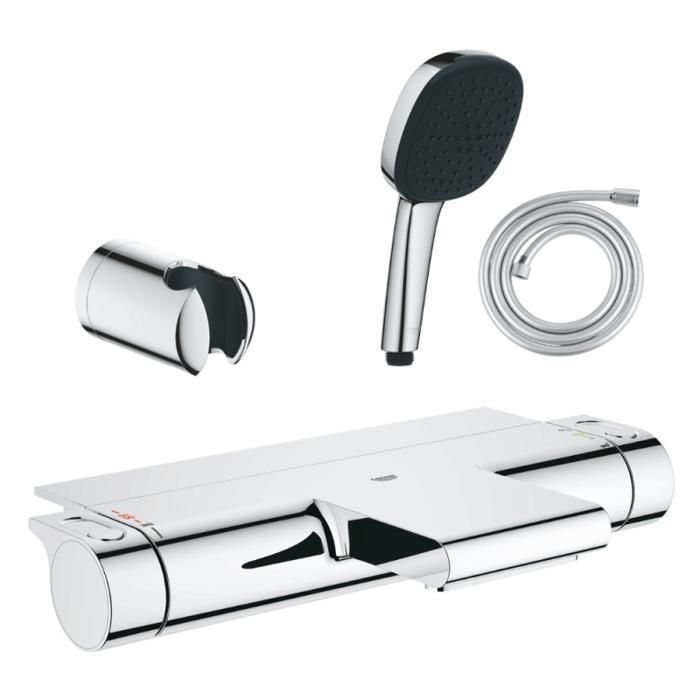 Grohe Pack mitigeur bain douche thermostatique Grohtherm 2000 + Douchette 2 jets Comfort110 + Flexible1750 mm et support