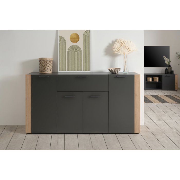 Calicosy Buffet 4 portes 1 tiroir décor anthracite et chêne L162 cm LUMA