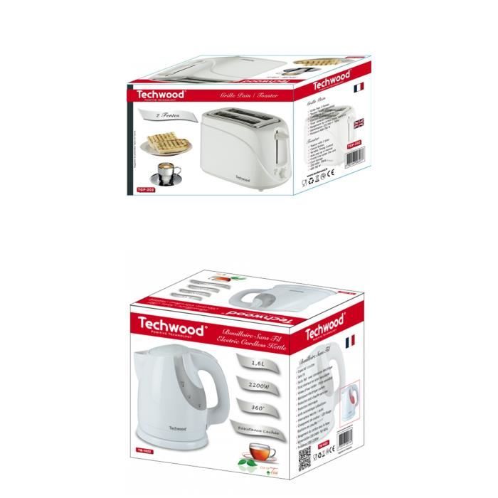 Techwood PACK DEJEUNER Bouilloire électrique Blanche 1L6 2200W + Grille-pain Blanc 2 Fentes 700W