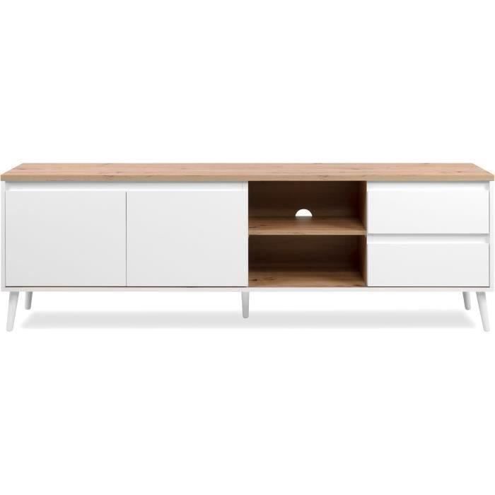 Calicosy Meuble TV 2 portes, 2 niches et 2 tiroirs décor chêne L186 cm - Zamos
