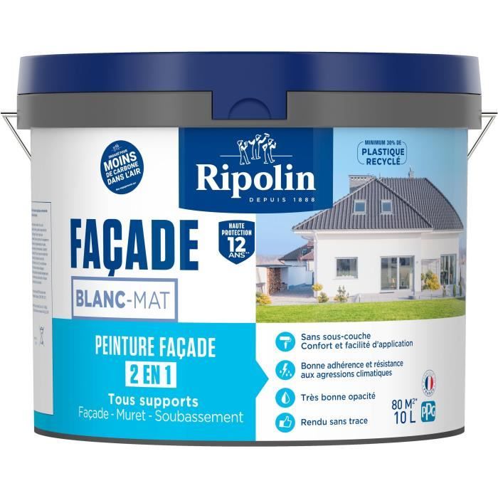 Ripolin Peinture façade classic 2 en 1 - 474646 - Blanc - Mat - 10 L