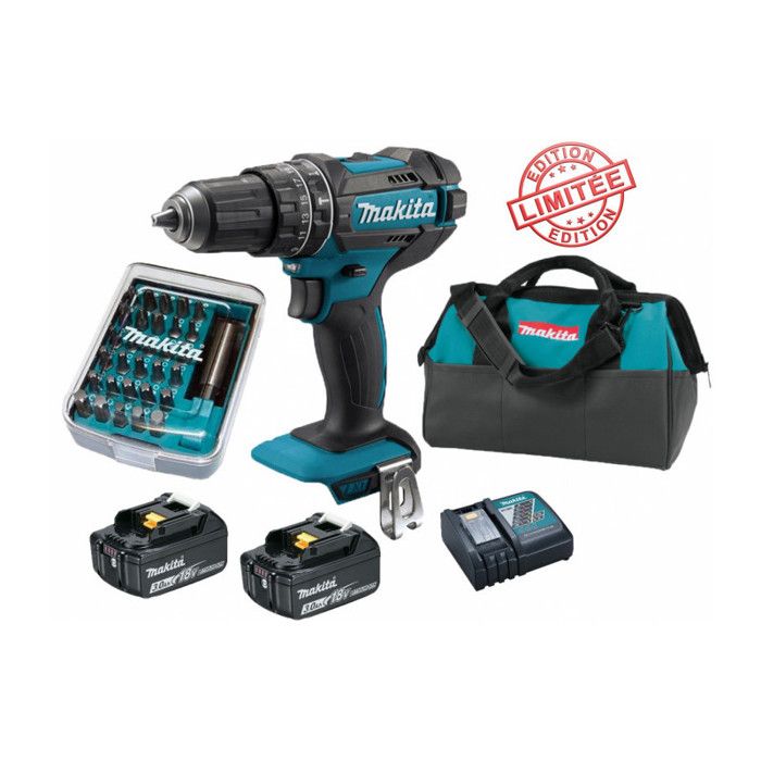 Makita Perceuse visseuse à percussion 18V 62Nm DHP482 + 2 batt 3 Ah + 30 embouts de vissage + porte-embout magnétique + sac