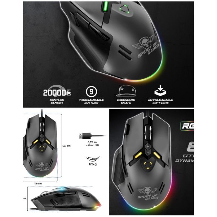 Spirit OF Gamer Souris Gamer - PRO-M60 - 20000 DPI - 9 Boutons - RGB