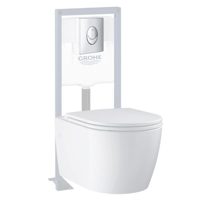 Grohe Pack WC suspendu sans bride Start Round Ceramic + Abattant frein de chute + Bati support autoportant + Plaque carré