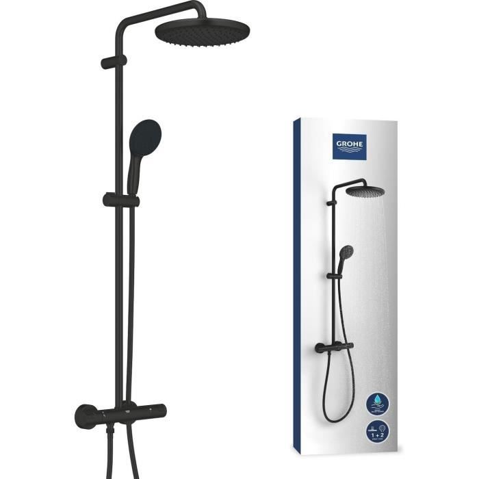 Grohe Colonne de douche thermostatique avec douchette + pommeau + flexible + barre, noir, Vitalio Start 250