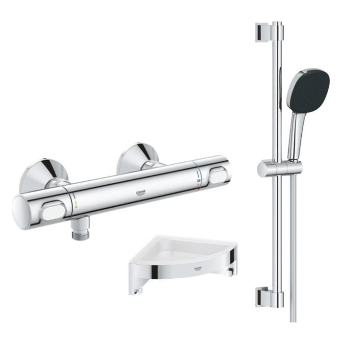 Grohe Mitigeur douche thermostatique Precision Flow + Ensemble de dche 2 jets et barre +Tablette angle