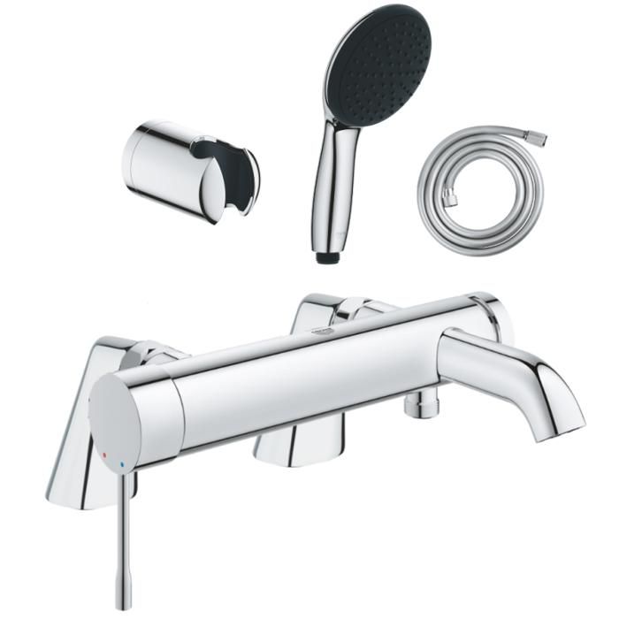 Grohe Pack mitigeur bain douche mécanique Essence + douchette ronde 2 jets + flexible + support