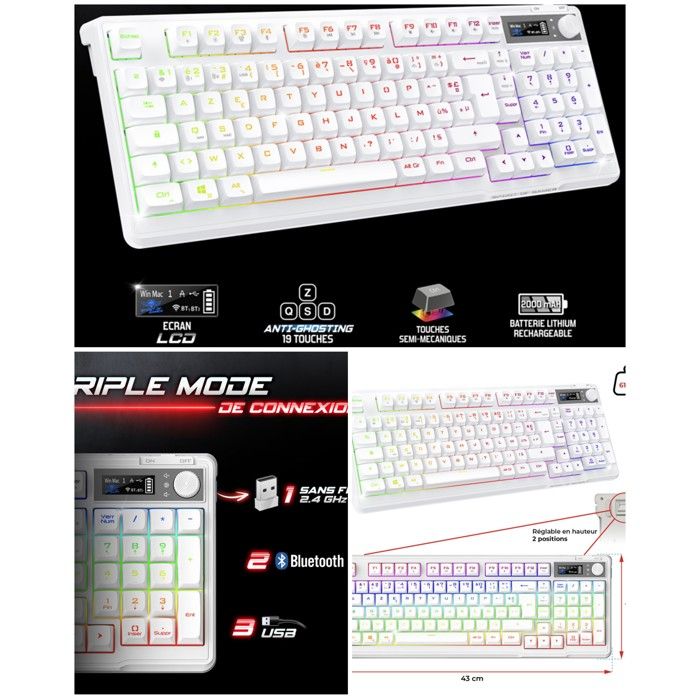 Spirit OF Gamer Clavier Gamer - K60 - Sans fil Bluetooth - Rétroéclairage RGB - 15 effets RGB