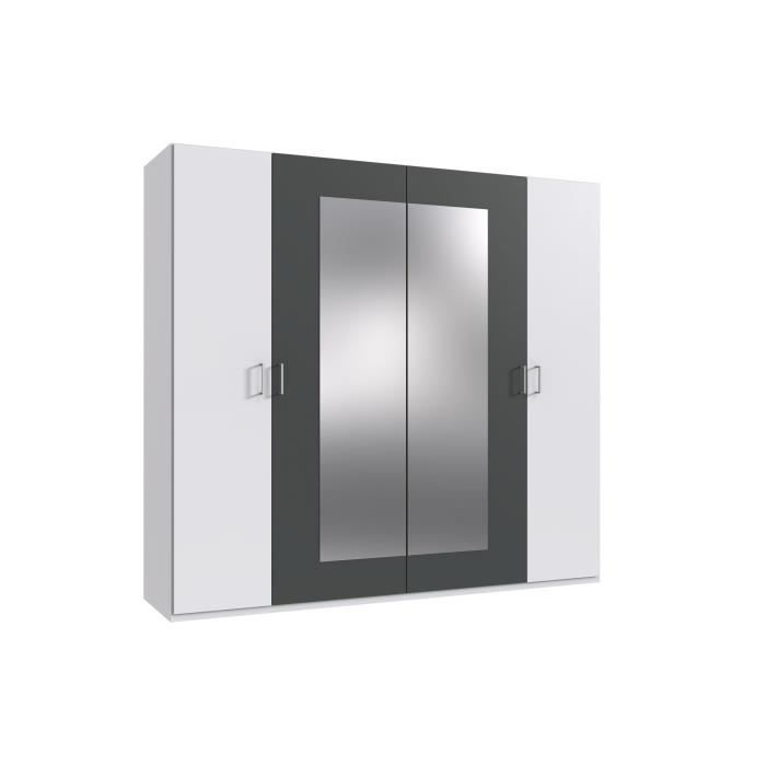 Wimex Armoire RHODES - 4 portes + miroirs - Décor Blanc et gris - L225 x P58 x H208 cm