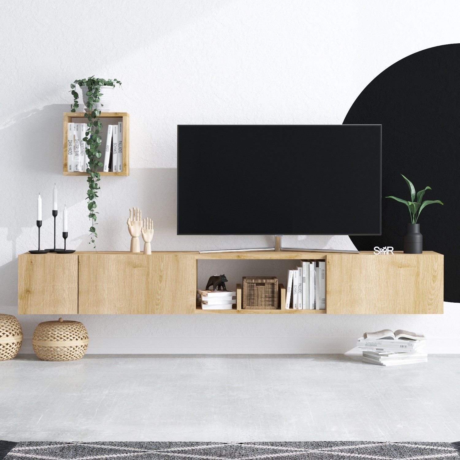 Calicosy Meuble TV suspendu 1 niche 3 portes et 1 étagère murale décor chêne saphir L180 cm - Avior