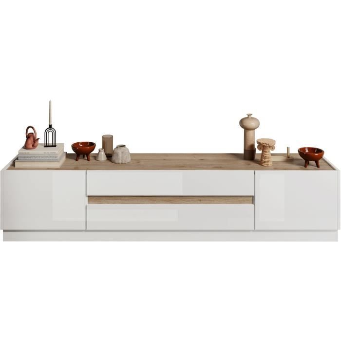 Vente-unique Meuble TV avec 2 portes et 2 tiroirs - Blanc et Naturel - EMORA