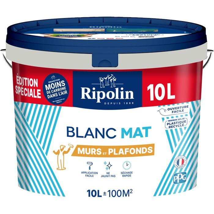 Ripolin Peinture murs et plafonds - Blanc - Mat - 10 L - Edition spéciale bi-couche