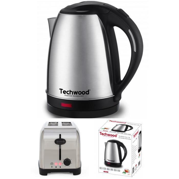 Techwood Bouilloire Inox 1 8L Sans Fil 1500W Arrêt automatique + Grille-pain Inox 2 Fentes 850W 3 fonctions avec témoins LED