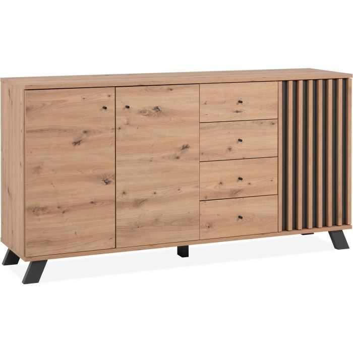 Calicosy Buffet salle à manger MEDAN - Décor chêne artisan et anthracite - 3 portes + 4 tiroirs - L160 x H85 x P40 cm