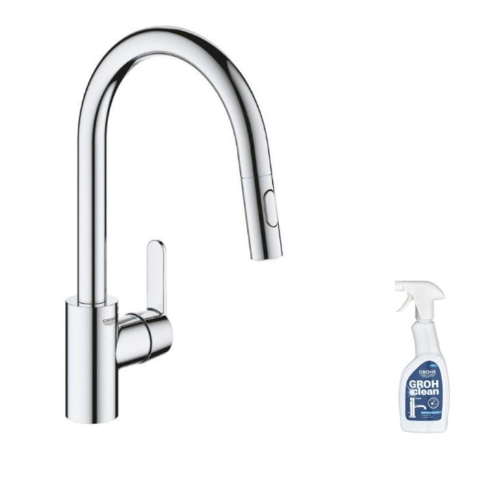 Grohe Robinet de cuisine avec douchette Feel chromé + nettoyant GrohClean