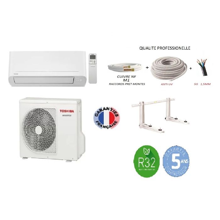 Toshiba Climatiseur réversible Mono-split - NAKA - 15 kW - 15m2 - Kit de pose 10m Blanc