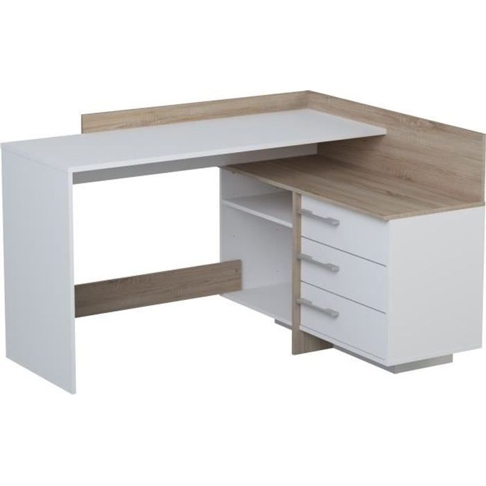 Demeyere Bureau d'angle 3 tiroirs - Décor chene et blanc - L 128,5 x P 105,7 x H 83,2 cm - THALES
