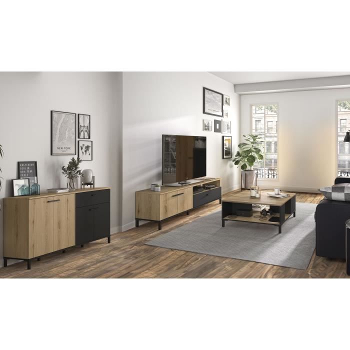 Gami Ensemble meuble TV, table basse et buffet bas - TRUST - Chene / Noir
