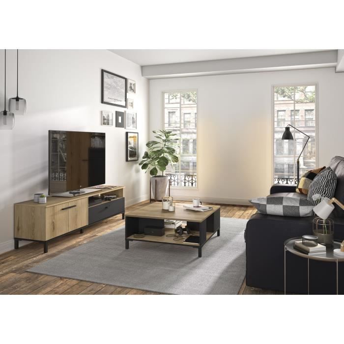 Gami Ensemble meuble TV et table basse - TRUST - Chêne / Noir