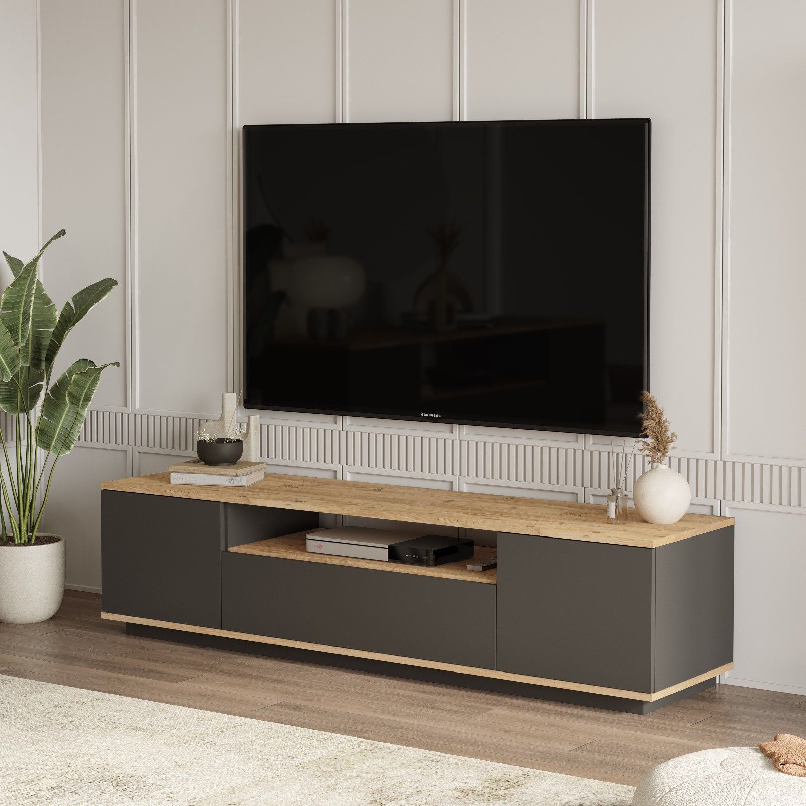 Vente-unique Meuble TV avec 3 portes et 1 niche - Anthracite et naturel - LOTULA