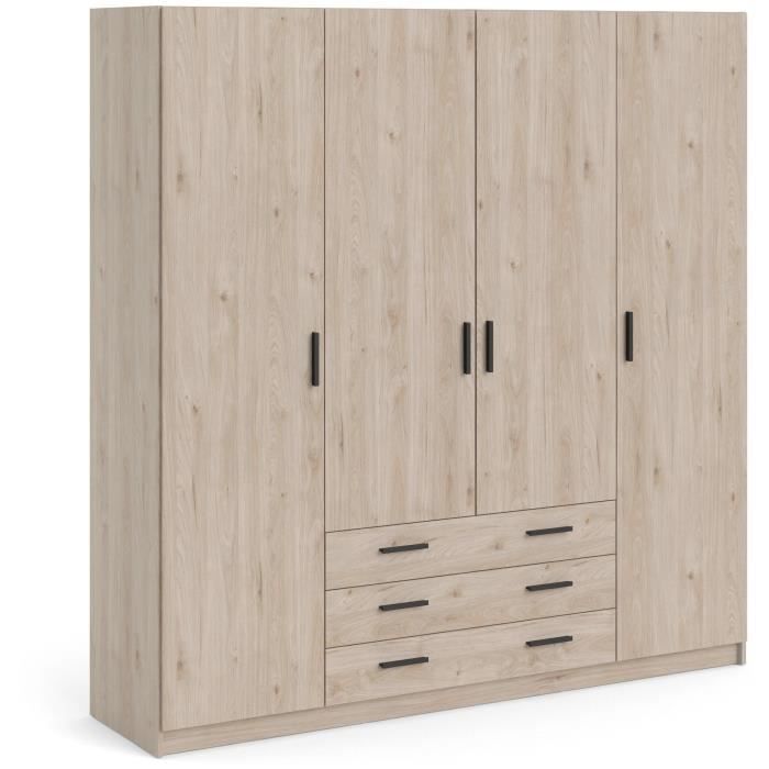 Calicosy Armoire VEGA - Décor Chêne Jackson - 4 portes + 3 tiroirs - L 195 5 x P 49 6 x H 200 4 cm Beige
